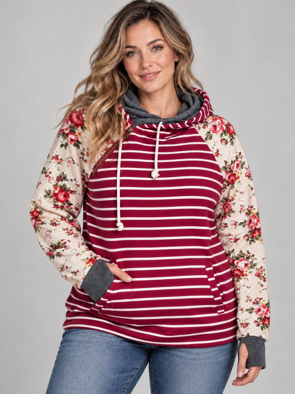 Ampersand Avenue Blossom Breeze XL Floral Stripe DoubleHood Hoodie